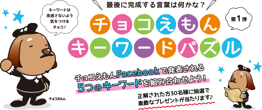 「チョコえもんキーワードパズル 第１弾」チョコえもんFacebookで発表される５つのキーワードを組み合わせよう！抽選で30名様に素敵なプレゼントが当たります♪